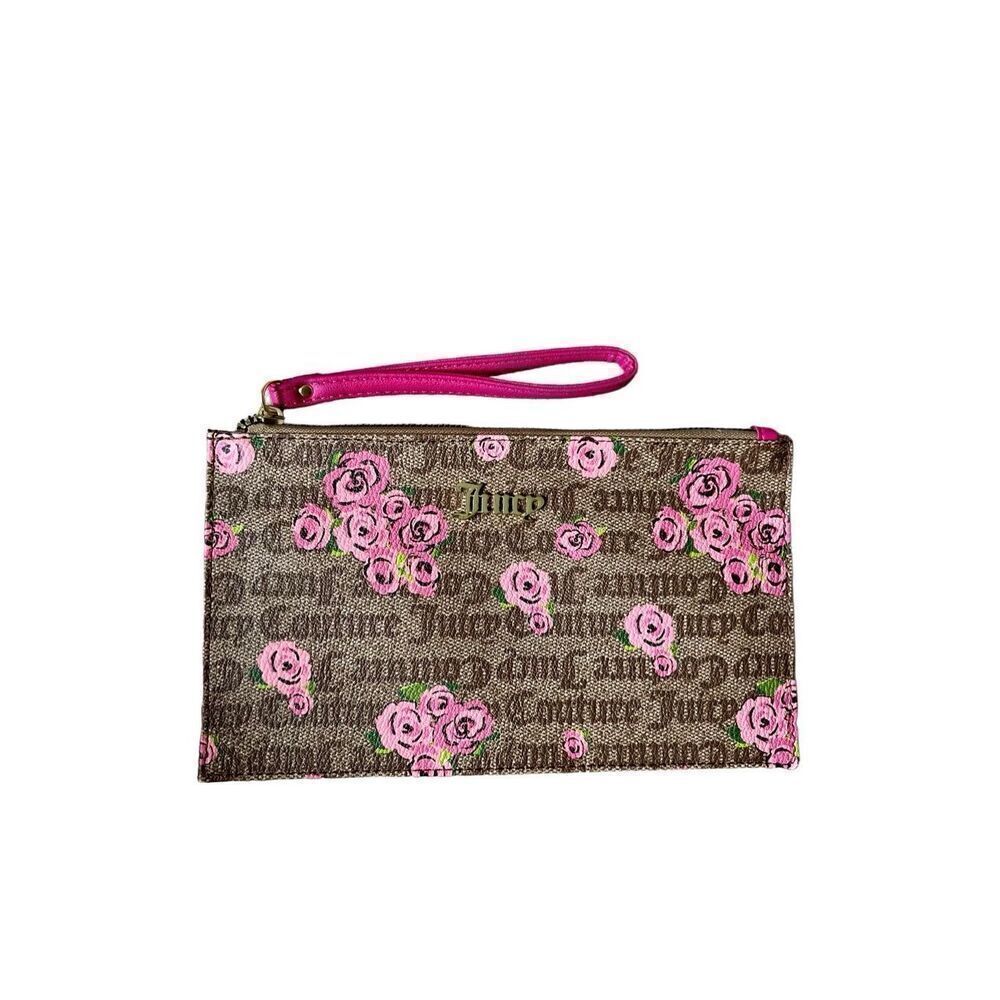 Juicy Couture Pink Bloom Brown Rose Print Wristlet Zip‎ Pouch Clutch Wallet